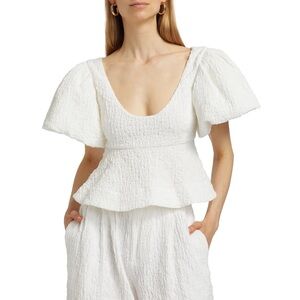 $378 Ronny Kobo Jorden Ruffled Crop Top White Cotton Bubble Short Sleeve S